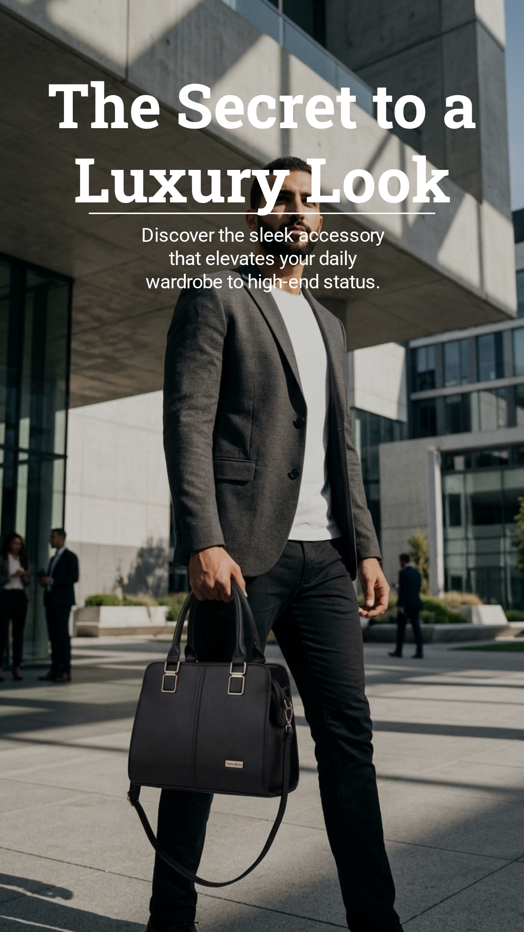 Man carrying a Pomelli luxury leather bag in a modern plaza